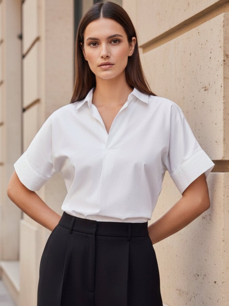 OUTZIDR White Beige Boxy Shirt With Rolled Short Sleeves - Image 3
